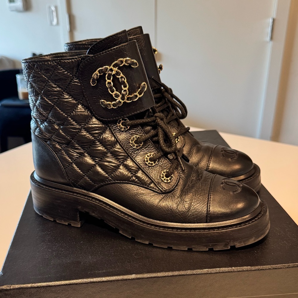 CHANEL Black Quilted Ankle Combat Boots